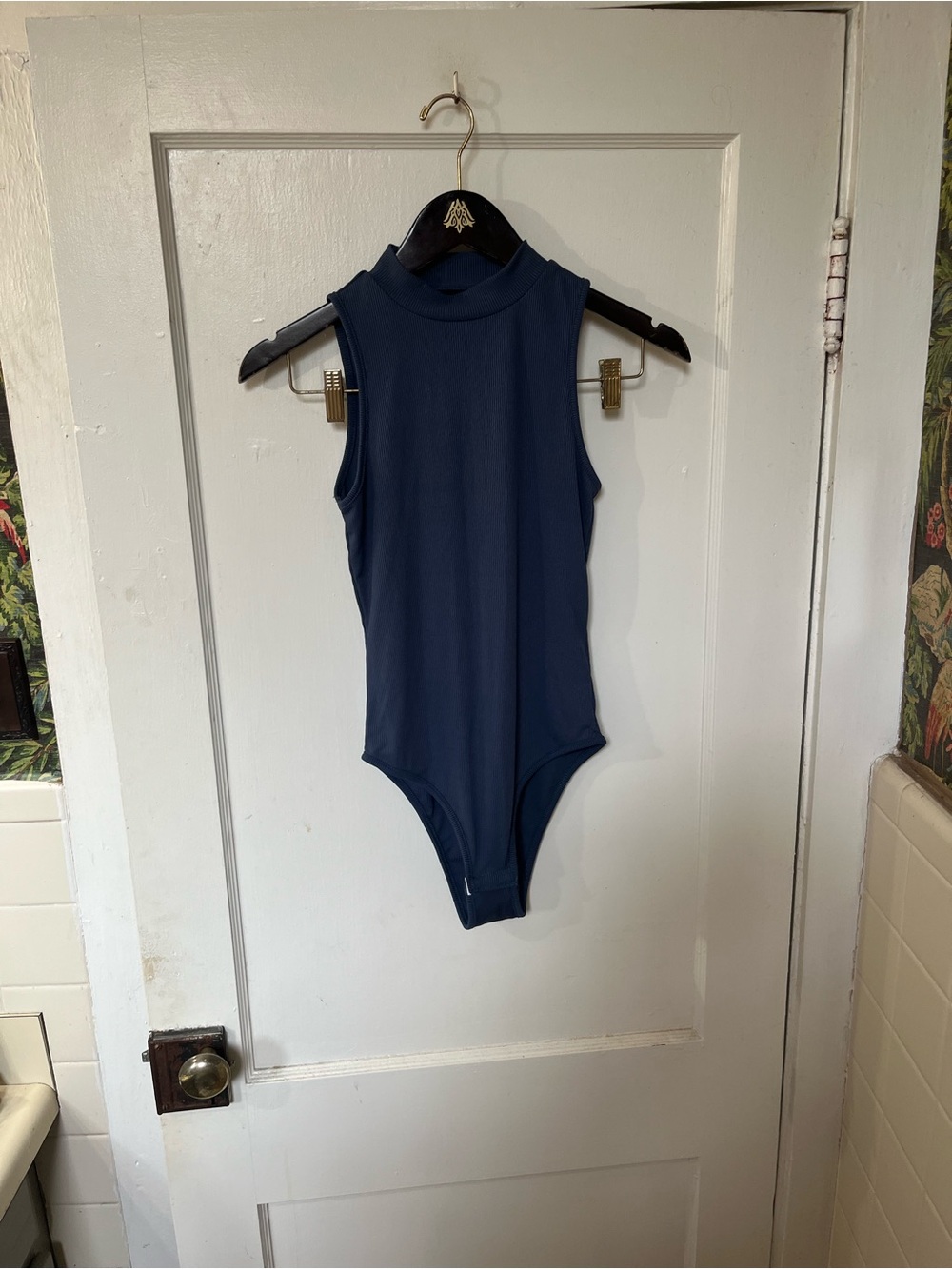 Navy Blue Mock Neck Sleeveless Bodysuit S EUC Minimalist Layering